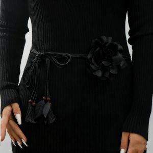 J2UQR3 Vintage Flower Waist Chain Ethnic Style Floral Weave Rope Belt Fashion Elegant Bohemian Waistband Women
