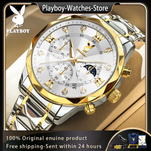 PLAYBOY 3088 นาฬิกาผู้ชายใหม่ ปฏิทินแฟชั่นกันน้ํา นาฬิกาควอตซ์ นาฬิกาเฟสดวงจันทร์เรืองแสงของแท้ 100% สายสแตนเลส