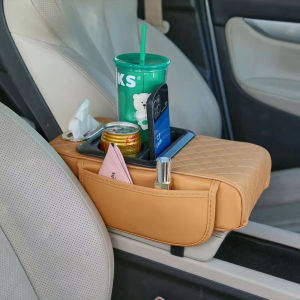 คอนโซลกลาง ทนทานและพกพาได้ วัสดุหนัง PU เบาะอเนกประสงค์ พนักพิงรถ เพิ่มความสูง พร้อมที่วางแก้ว และกล่องทิชชู แผ่นรองพนักพิง