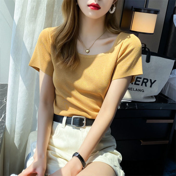 Short sleeved knitwear women's new ice silk square neck slim fitting