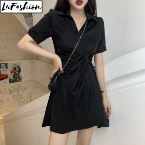 LuFashion Summer Polo Collar Short Sleeve Slim Waist Casual A-Line Dresses