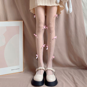 ถุงน่องเนื้อเนียน ติดผีเสื้อ และมุก มีสีดำ / สีเนื้อ / สีขาวครีม ถุงน่องแฟชั่น