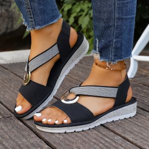 [Free Shipping] Plus-Size WomenS Sandals With Metal Buckle Embellishments Featuring A Braided Rope Design A Wedge Heel And An Open-Toe Style