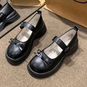 Size 35-40 Bow Mary Jane Womens New Casual Versatile Thick Sole British Style Leather Shoes Womens Shoes