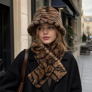 MIRELAE 2-Piece Set Soft Plush Faux Mink Fur Hat Cross-tie Anti-static Faux Fur Scarf Set Fashion Thermal Leopard Print Hat For Women