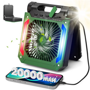 Solar Fan Camping Fan with LED Lantern 20000mAh USB Rechargeable Battery Operated Portable 90° Folding Desk Fan with Timer Power Bank
