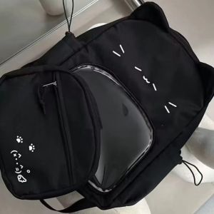 DVFDA Y2k กระเป๋า ITA แมวน่ารัก สีดำสีดำ ฮาราจูกุ กระเป๋าเป้นักเรียน แฟชั่นสำหรับผู้หญิง ป้ายแสดงตุ๊กตา ถุงใส itabag สำหรับผู้หญิง