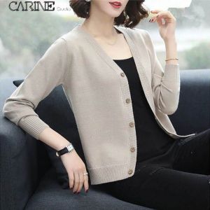 CARINE Women Cardigan Sweater Korean Casual Style Long Sleeve Loose Fit Knit Stretching Cardigan