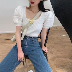 Core Knitted Top Womens Puff Sleeves Round Neck Slim Short T-Shirts