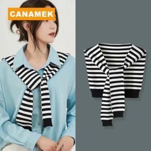 【CANAMEK】 Winter Outer Shawl For Women Korean Style New Spring And Autumn Fake Collar Thin Striped Wool Dual-use Scarf Knitted Shawl