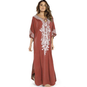 2022 Embroidery Pareo Beach Tunic Kaftan Bikini Cover Up Bathing Suit Beach Maxi Dress Plus Size