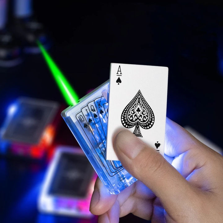 Bisa Cod!! Creative Transparent Poker Gas Lighter Green Flame Straight