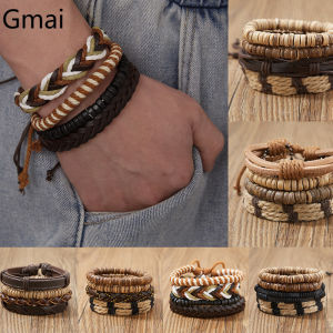 3/4Pcs/ Set Braided Wrap Leather Bracelets for Men Vintage Life Tree Guitar Charm Wood Beads Ethnic Tribal Wristbands