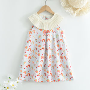 Bear Leader New Summer Girls Clothes Sleeveless Pleated Collar Rainbow Print Princess Dress for Childrens Casual Birthday Parties Aged 3-7