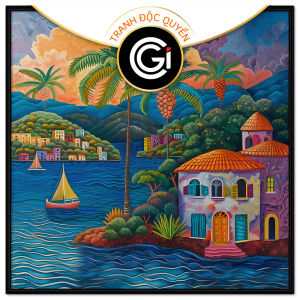 Tranh ngôi làng bên bờ biển phong cảnh biển đảo đơn giảntranh treo tường dán tường trang trí nội thất đẹp .CGI-594
