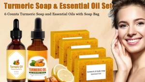 Turmeric Soap & Essential Oil Set 6 Counts Turmeric Soap and Essential Oils with Soap Bag Turmeric Oil Premium Essential Oil Set for Face & Body Turmeric Lemon Soap Bar