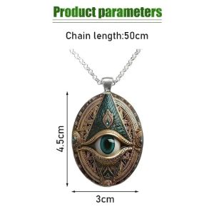 Fashion Eye Pattern Pendant Necklace - Silver Plated Alloy and Glass Mosaic Elegant Elliptical Talisman Design