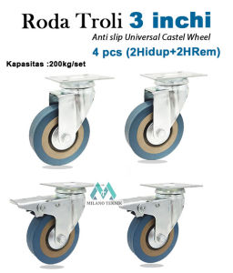 (4pcs)Roda Troli 3 inchi RS VARIAN (Mati/Hidup/Rem)Biru-Anti slip Wheel Universal caster/etalase/lemari/furniture/SET