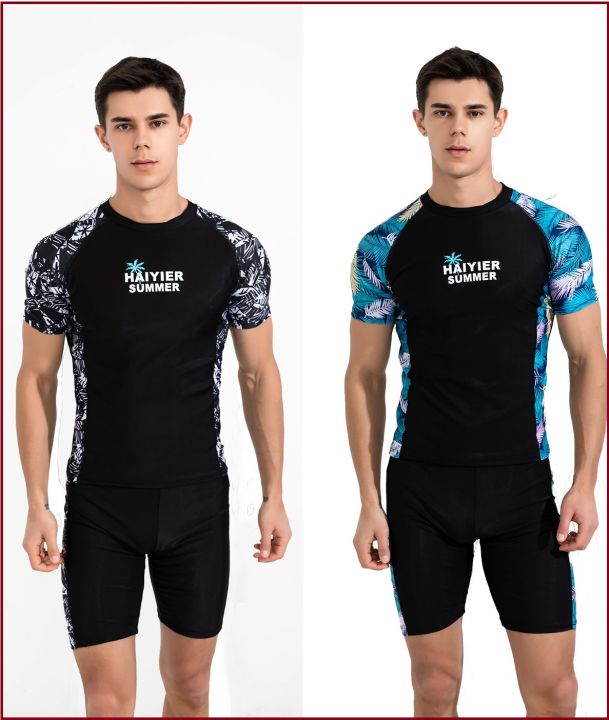 New Pieces Men Surf Swimming Suit Short Sleeve Top Shorts