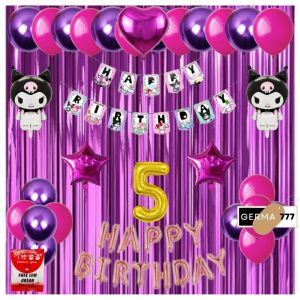 Set Dekorasi Pesta Ulang Tahun Anak Banner Happy Birthday Kuromi Balon Foil Hbd Ungu Pink