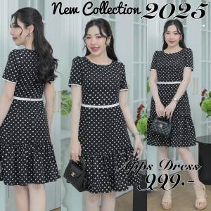 ชุดเดรส ชุดทำงานลายจุดโทนสีดำ ผ้าไหมอิตาลี่ แขนสั้น ผ้ายืดหยุ่นใส่สบาย กระโปรงทรงเอระบายชาย มีกระเป๋าข้าง