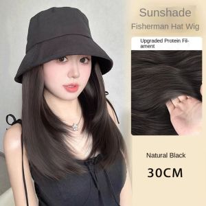 GIORGIONE STORE Synthetic Fisherman Hat Wig Hairpiece Bucket Hat Short Straight Hair Hat Wigs Simple Hip Hop Summer Sunshade Cap Wig Women