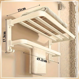 2 Layer Rail Bath Towel Rack Drying Organizer Wall Mounted Storage Shelf Holder Toilet Foldable Bathroom Accessories Rustproof Space Aluminum AT