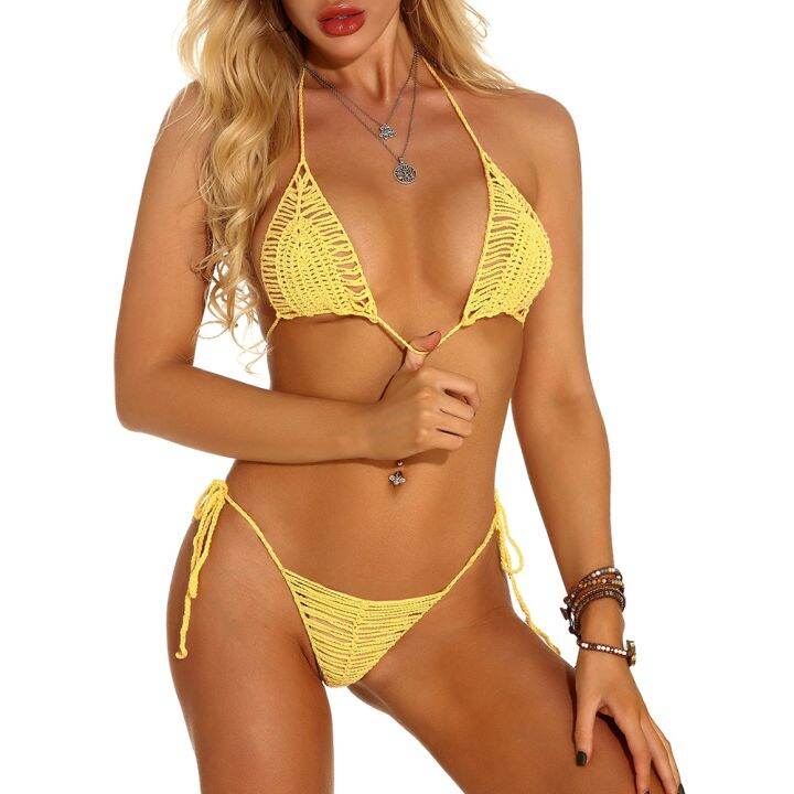 Women Handmade Crochet Mini Bikini Crochet Micro Bikini Beach Thong Swimsuit Sexy Lingerie Set 7784