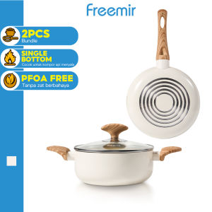 freemir Set Wajan dan Panci 20/18cm Single Bottom dengan Lapisan Granit Anti Lengket Lengkap Tutup Kaca White/Pink