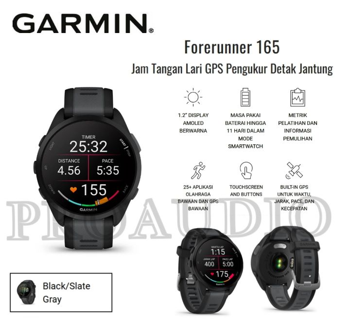 Garmin Forerunner 165 Garmin Forerunner 165 SmartWatch FR165 Smartwatch  FR 165 Running Watch For GPS Black Slate Grey Garansi Resmi TAM