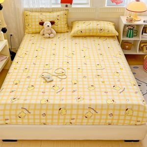 Dansunreve Sanrio ผ้าปูที่นอน100%ผ้าฝ้ายผ้าปูเตียงแบบพอดี Hello Kitty Cinnamoroll Kuromi ผ้าปูที่นอนนุ่มพร้อมสายรัดถุงเท้า