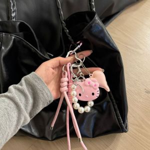 BEAUTYLADIES งานทำมือ พวงกุญแจแมว KT Y2k ลูกปัดมุกมุก จี้กระเป๋าเป้สะพายหลังคิตตี้ สร้างสรรค์และสร้างสรรค์ พู่ห้อยคอ พวงกุญแจเชือกเส้นเล็ก ผู้หญิงผู้หญิงผู้หญิง