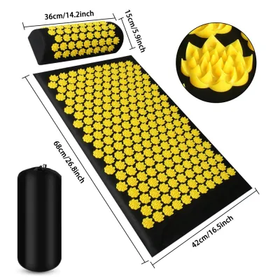 GTwo Acupressure Mat Yoga Shakti Massage Acupuncture Spike Massager Relieve Stress Body Back Pain Blodd Circulation Mat Free Pillow and Carry Bag Random Color