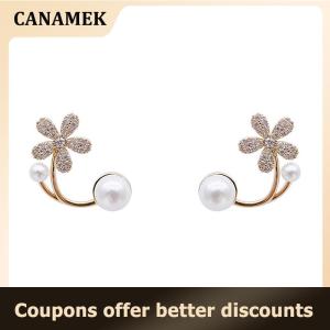 【 CANAMEK 】 Korean Style Luxury Imitation Pearl Flower Stud Earrings Women Fashion Elegant Jewelry Wedding Ornaments