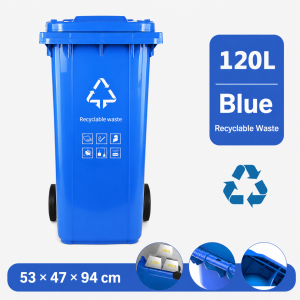 Large blue wheeled bin 120L / 240L with wheels wear-resistant reinforced body for waste disposal.