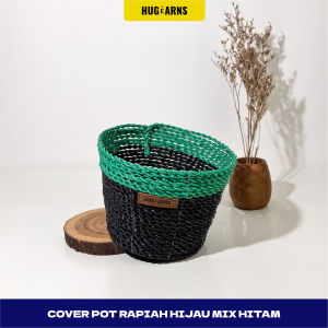 HUGeARNS - Cover Pot Anyaman Rapiah Hijau Mix Hitam / Cover Pot Ayaman / Cover Pot Rapiah Kombinasi Anyaman Cover Pot / Cover Vas Bunga Hias Cover Pot Bunga Anyaman Tali Rapiah Kombinasi / Cover Pot Anyaman Natural Rapiah Ramah Lingkungan / Anyaman Jogja