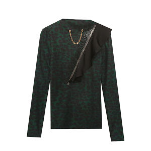 REHIN Womens top Winter new heavy ironing drill ruffle stitching Slim long sleeve T-shirt thin leopard print round neck elegant blouse