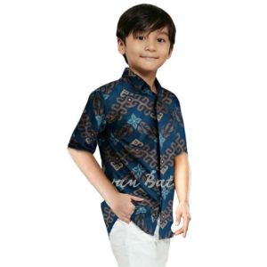 Batik Couple Ayah Anak Laki Laki Pasangan Keluarga Lengan Pendek Panjang Seragam Modern Zigzag Navy