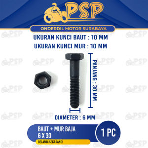Baut Baja 6x30 (+ Mur) Harga Per 1 PC - Baud Mor Baja M6 Bibir Topi 6mm Panjang 30mm mili Kunci 10