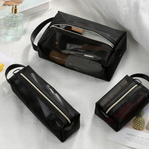 Women Travel Makeup Pouch Organizer Black Dot Transparent Mesh Cosmetic Bag Toiletry Bag Handbag