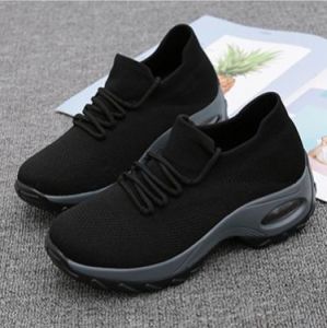 Korean Black Rubber Lightweight Jogger Shoes For Women Lace Up Mesh Casual Sneakers Air Cushion Breathable Sports Shoes