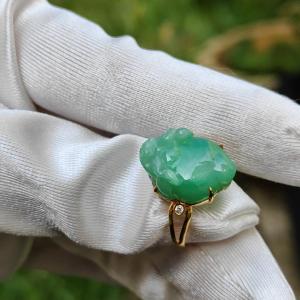 Special Offer - Green Natural Type A Jadeite Jade crafted as Three Legs Toad set on 18k gold with diamonds as a ring with certificate weigh 3.75 grams measurement 16.2 * 12.6 * 6.8 mm (18kring21)