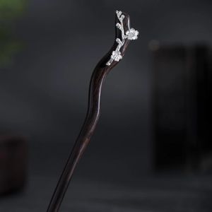 New 100% S925 Pure Silver Womens Men Retro Hairpin Ebony Wood  Plum Blossom Chinese style Hanfu Hair Accessories Jewelry
