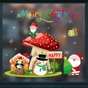DECAL NOEL – Hít Tĩnh Điện Dán Kính Ông Già Noel Đón Giáng Sinh Bên ngôi nhà nấm và các bạn nhỏ-HYC-011(50*70cm)