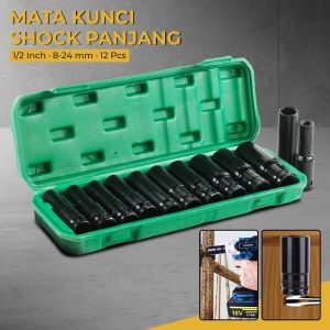 Mata kunci sok 1/2 inch model panjang set 8-24mm shock socket hex wrench baja vanadium 12PCS