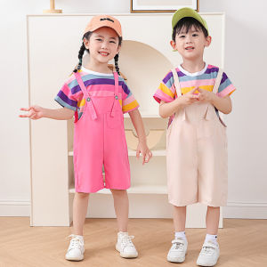 Rolanko Kids Summer Suspender Pants Set 2Pcs RainbowStripe Top+Overalls Bottoms School Students Daily Casual Wear Boys Girls Pink Beige Outfit