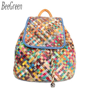 BeeGreen กระเป๋าเป้สะพายหลังผู้หญิงหนังสานหลากสีกระเป๋าเป้ใบใหญ่สำหรับเดินทางกระเป๋าโรงเรียนเด็กผู้หญิงสะพายไหล่