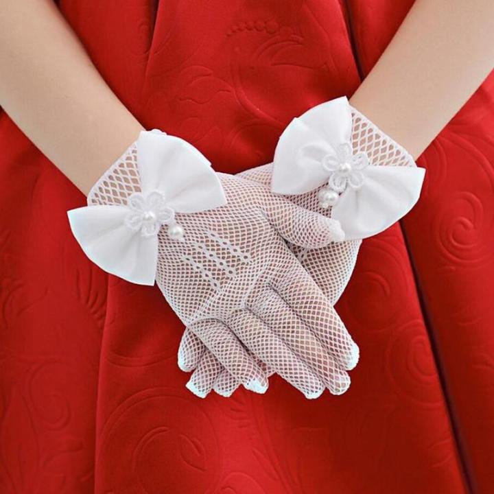 Mode Shop Pair Girls Kids White Lace Faux Pearl Fishnet Gloves