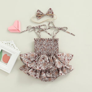 【COD&Local Ship】Baby Sleeveless Bodysuit with Hair Accessories Adjustable Straps Ruffle Decoration Bow Spring Clothing