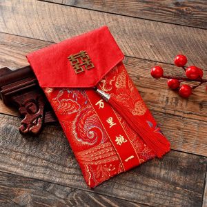 MMLUCK Tua rua vải thổ cẩm Phong bì Đỏ Thổ Cẩm Lễ Hội Mùa Xuân Lời chúc mừng năm mới Túi đựng tiền 2025 Truyền thống Lời chúc tốt đẹp nhất Túi đựng tiền năm mới Đám cưới Trung Quốc